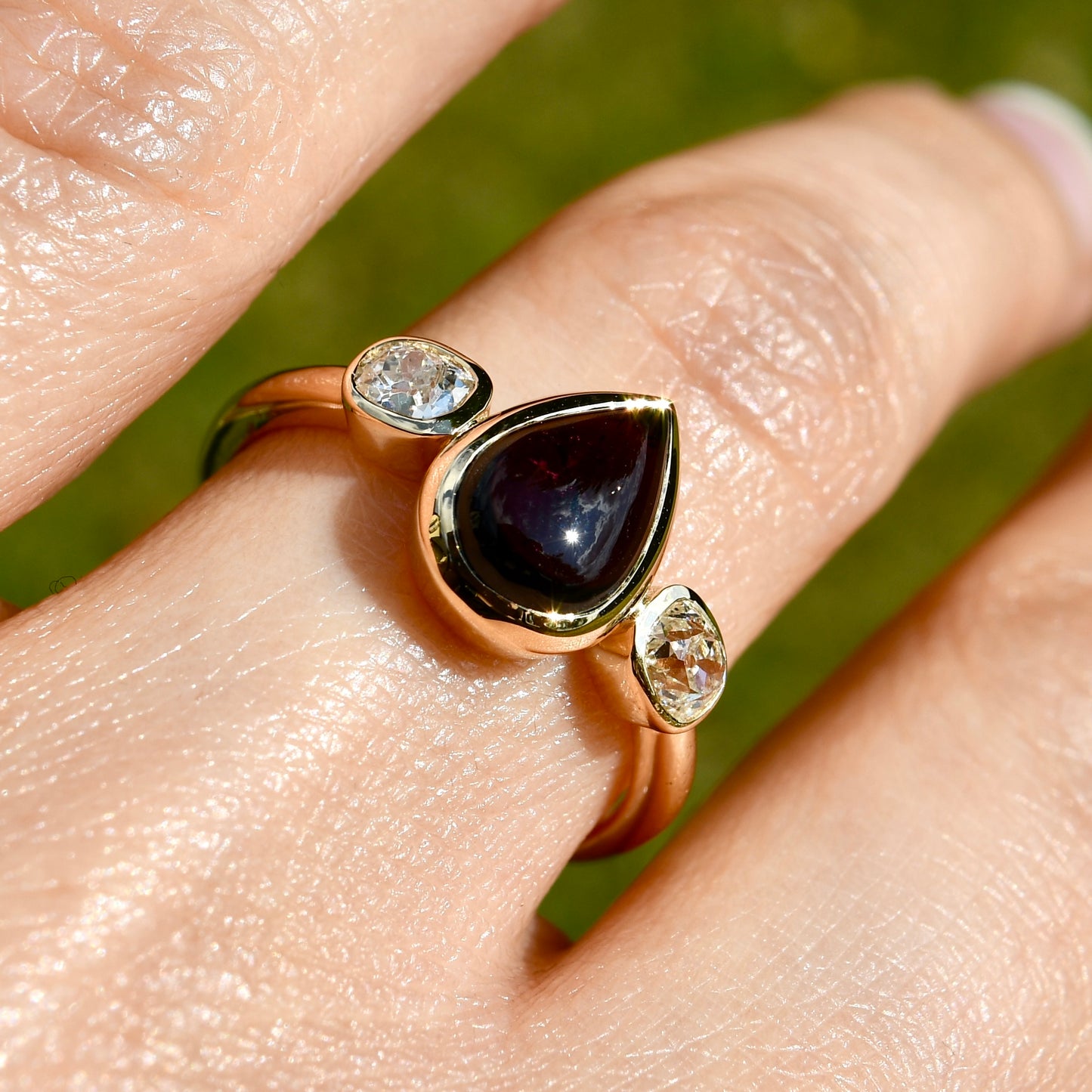 1.26 ct Tourmaline pear and old mine cut diamond three stone ring