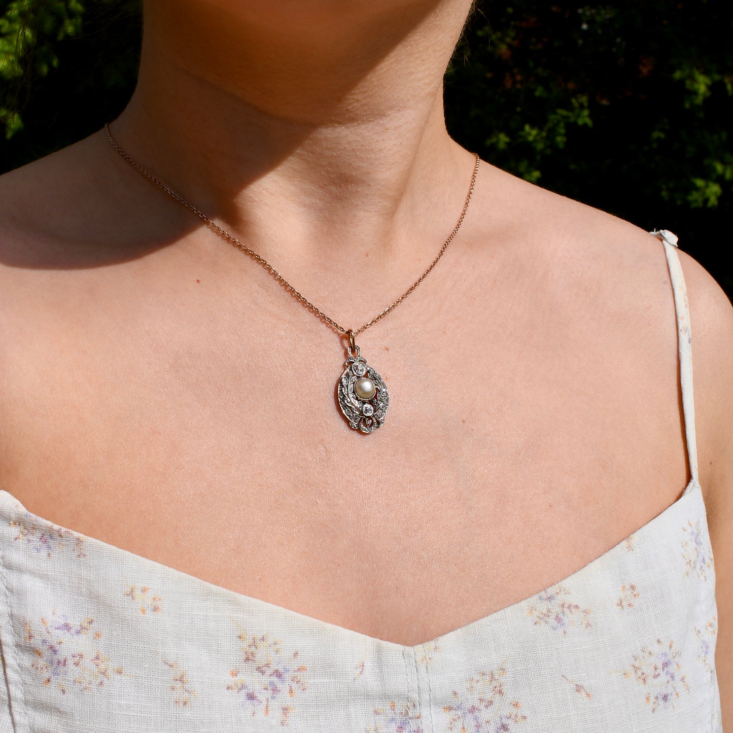 Art déco 0.48 ct peruzzi, rose cut diamond and pearl pendant