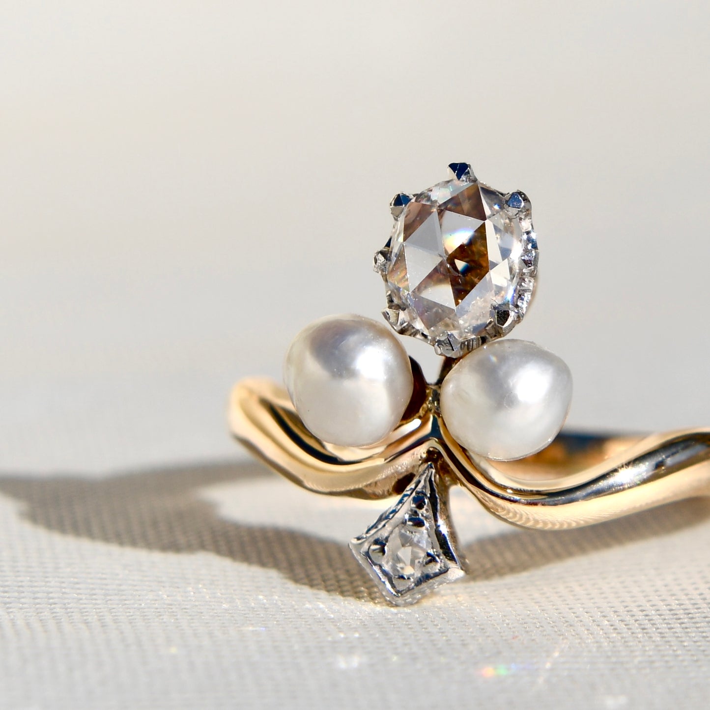 Antique 0.40 ct rose cut diamond and pearl tiara ring