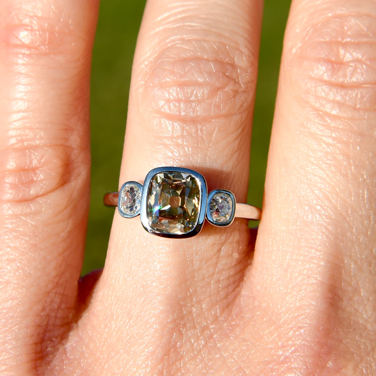 1.50 ct old mine cut diamond three stone ring