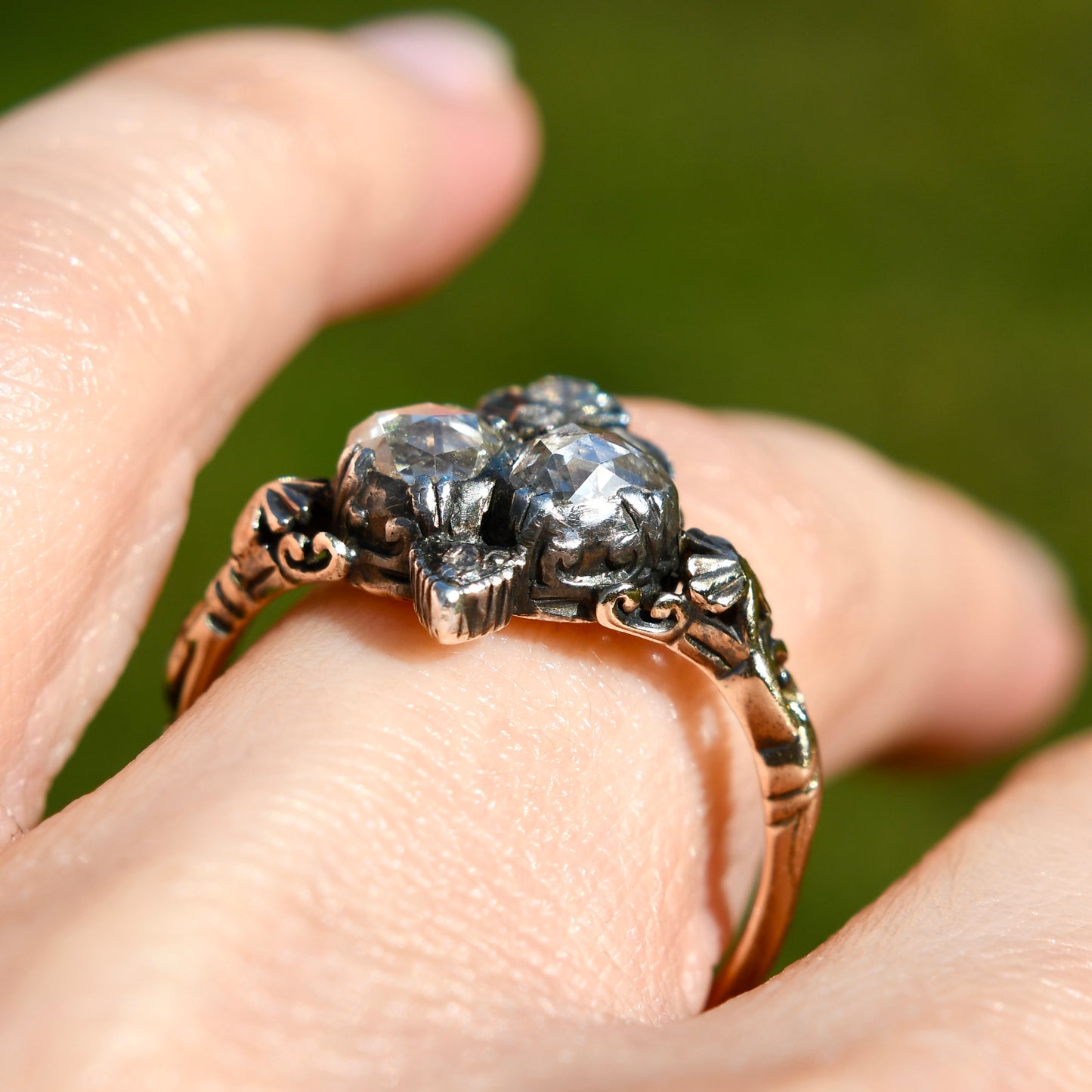 Antique Georgian rose cut diamond double heart ring, 18th century