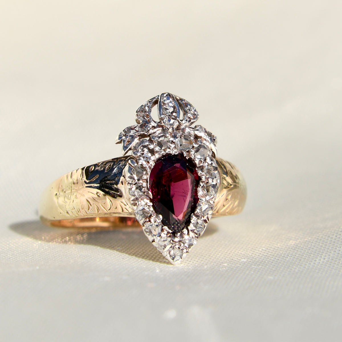 Antique Victorian crowned heart garnet and rose cut diamond ring