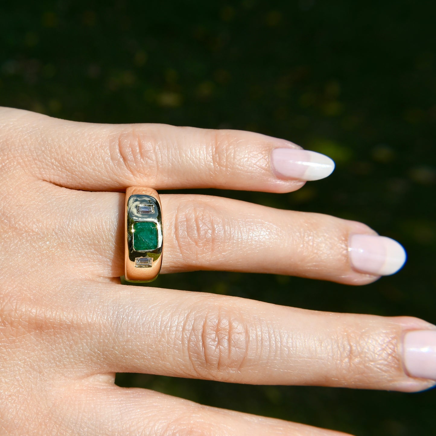 Vintage emerald and baguette cut diamond band ring