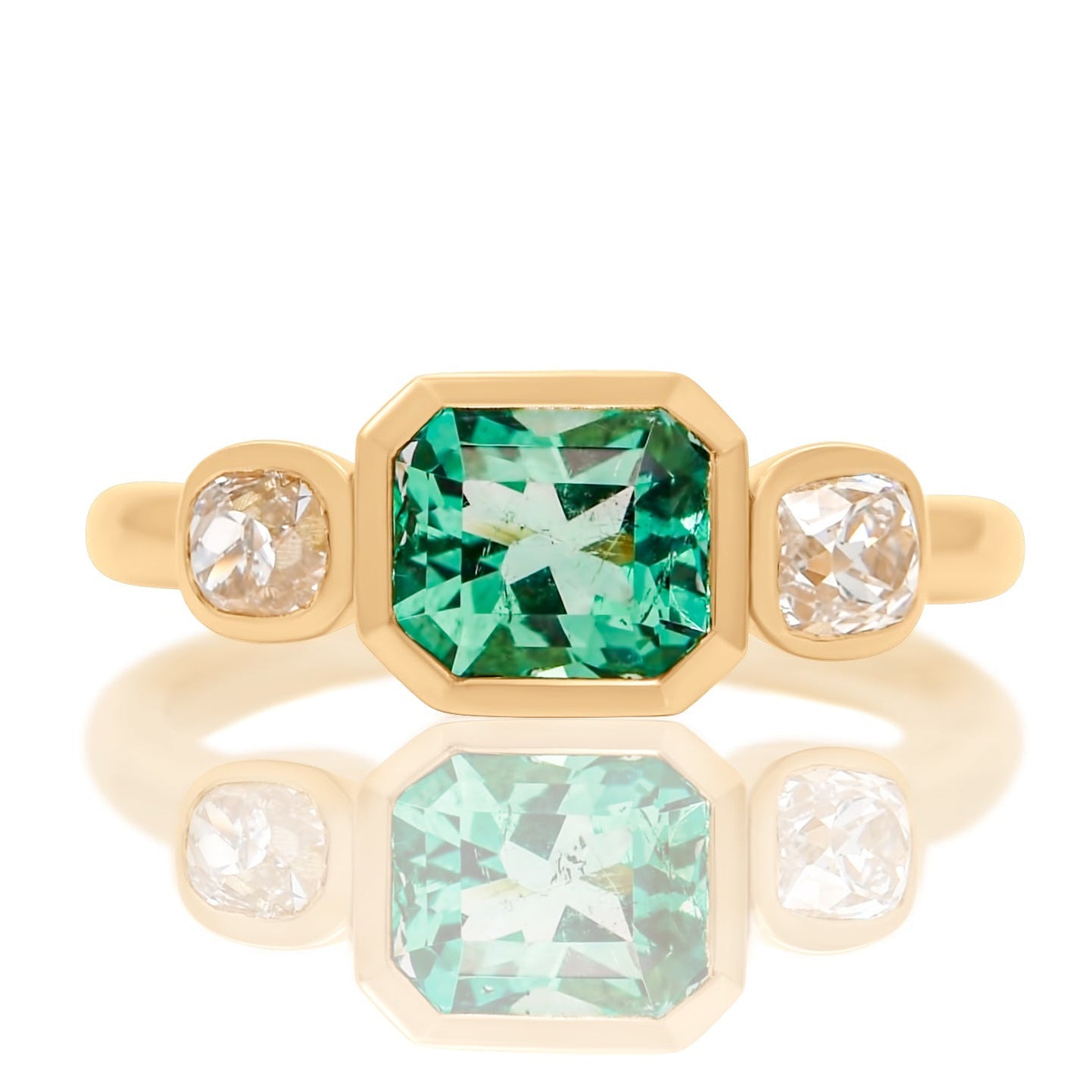 Installment 7/14 - Colombian emerald and 0.58 ct old mine cut diamond three stone ring