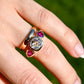 1.18 ct old mine cut diamond and ruby three stone ring