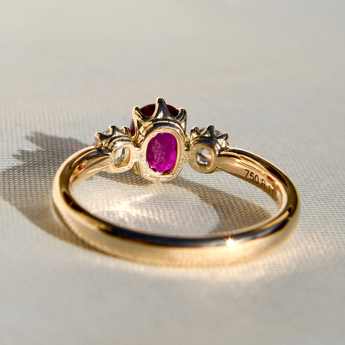 1.03 ct ruby and old mine cut diamond three stone ring