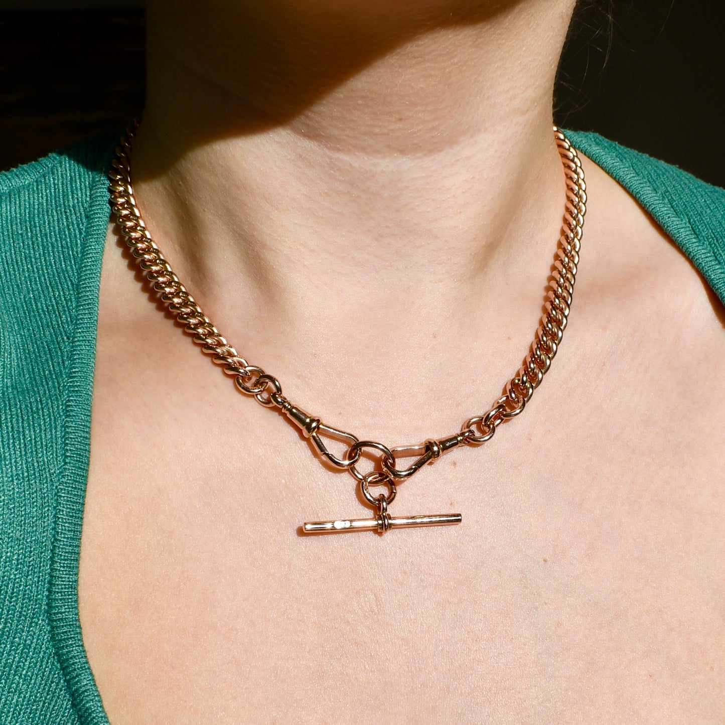 Antique 9k rose gold watch chain with a T-bar, 16"