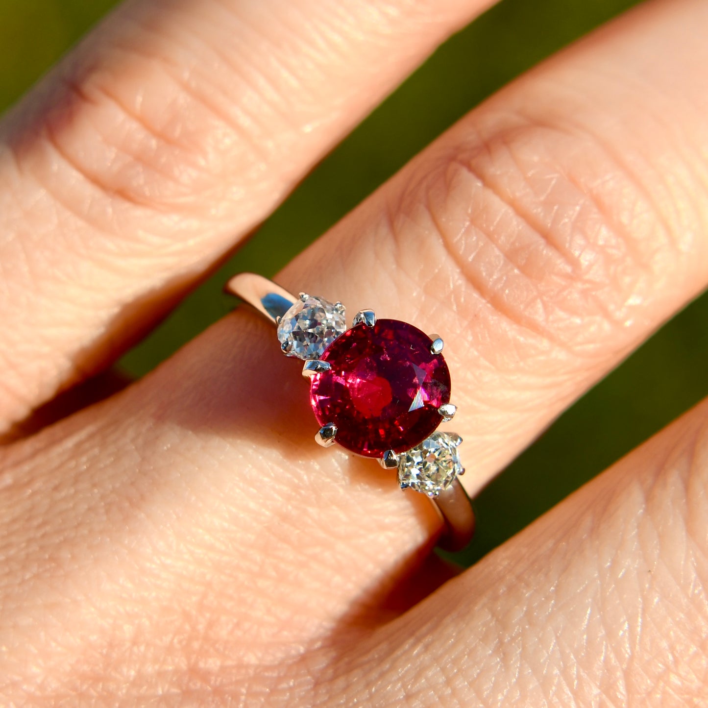 1.84 ct Burmese spinel and old mine cut diamond three stone ring