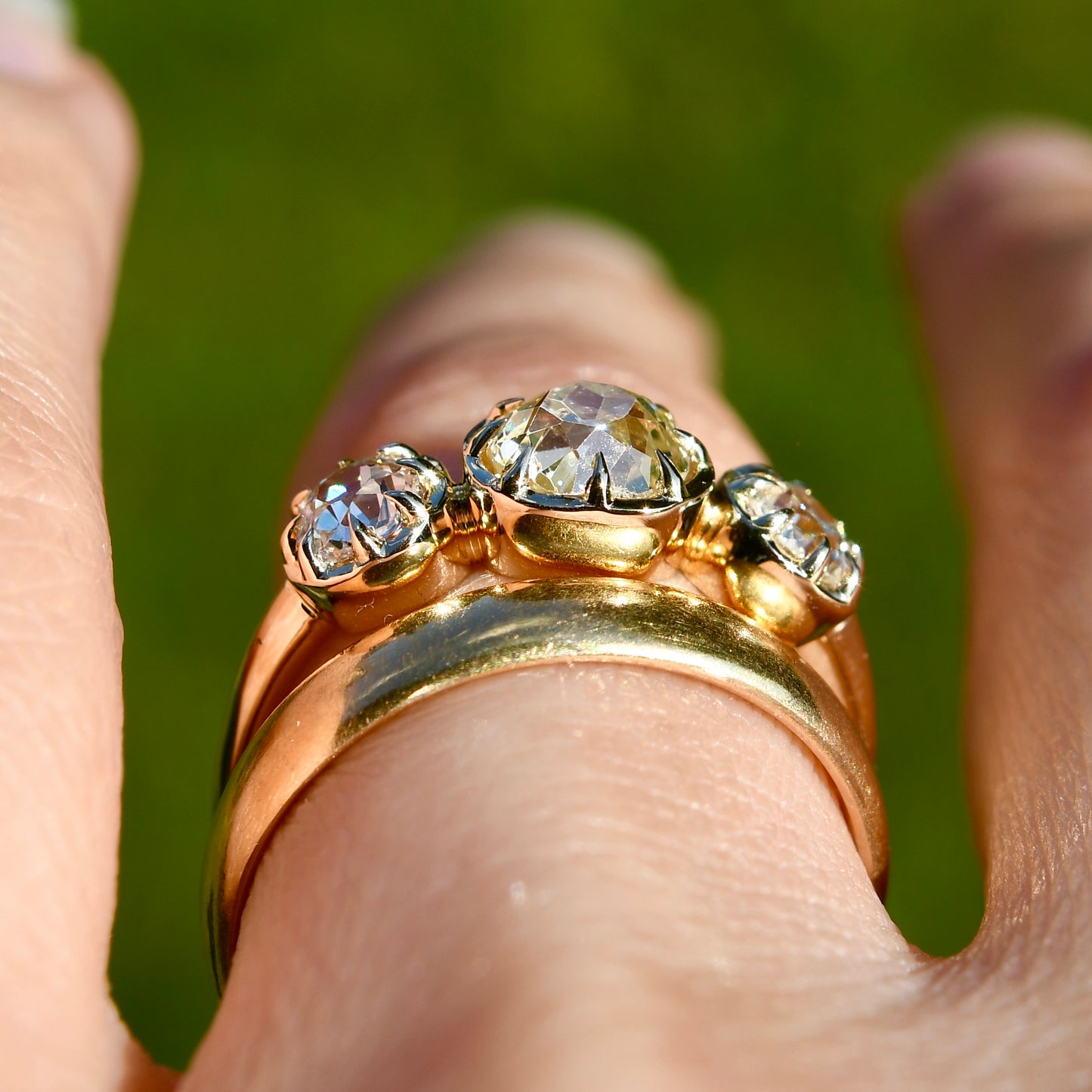 0.86 ct old mine cut diamond three stone ring