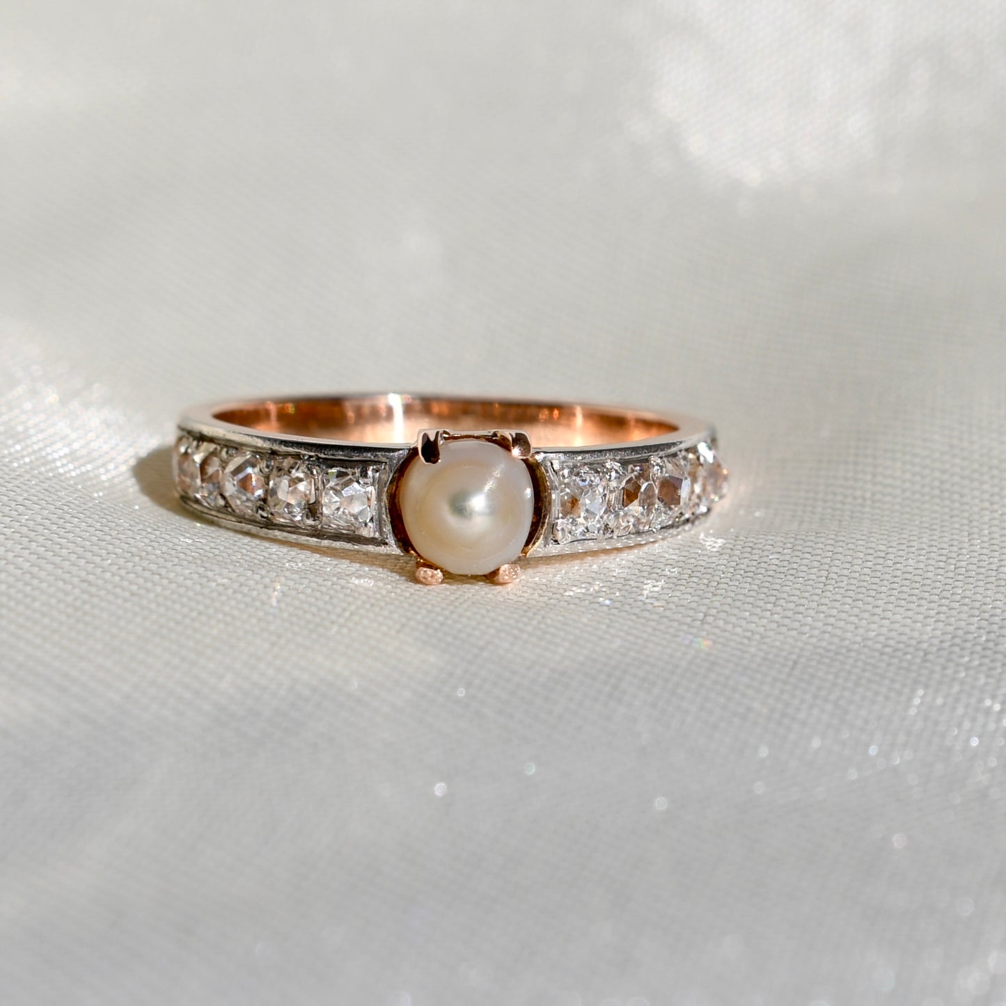 Antique pearl and old mine cut diamond band ring