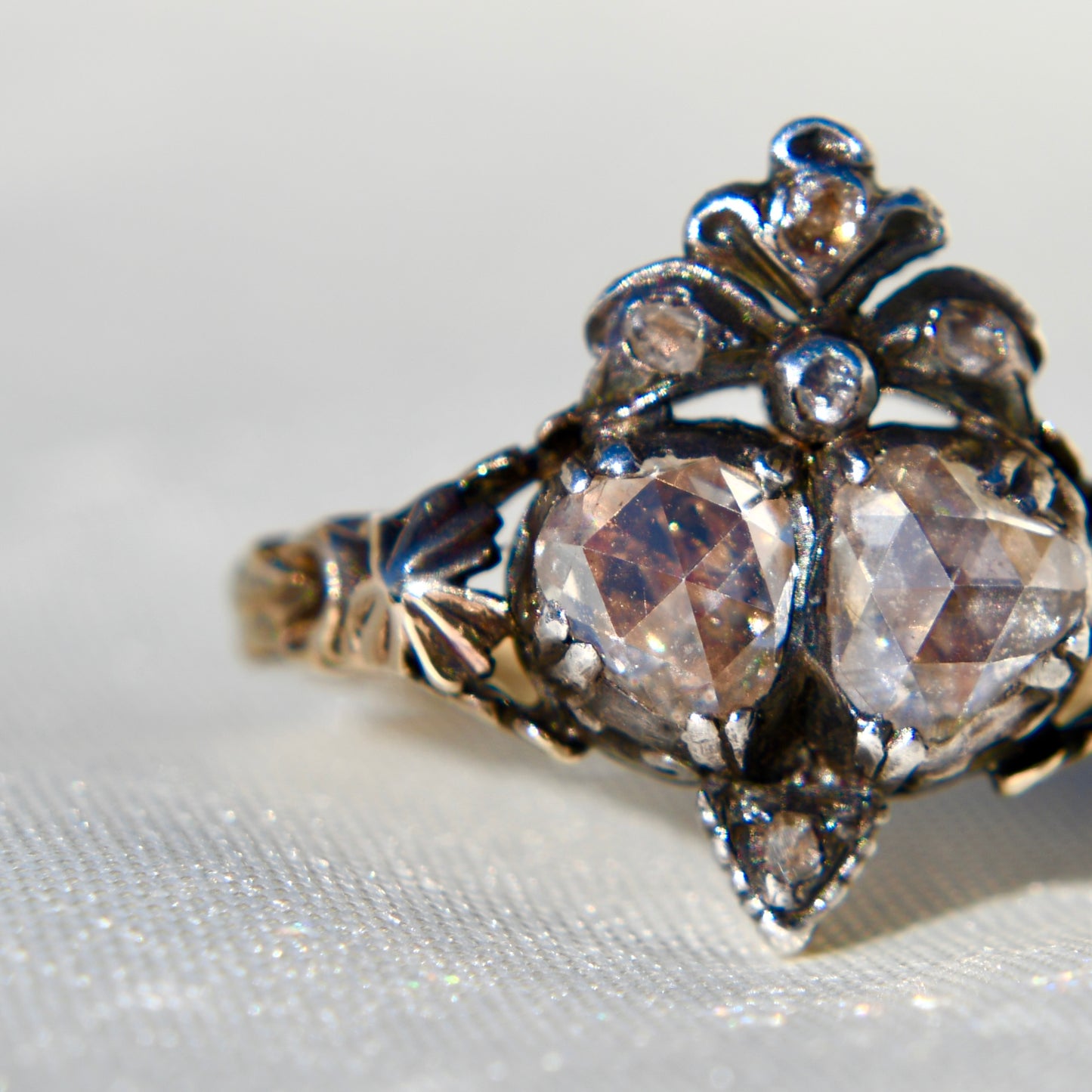 Antique Georgian rose cut diamond double heart ring, 18th century