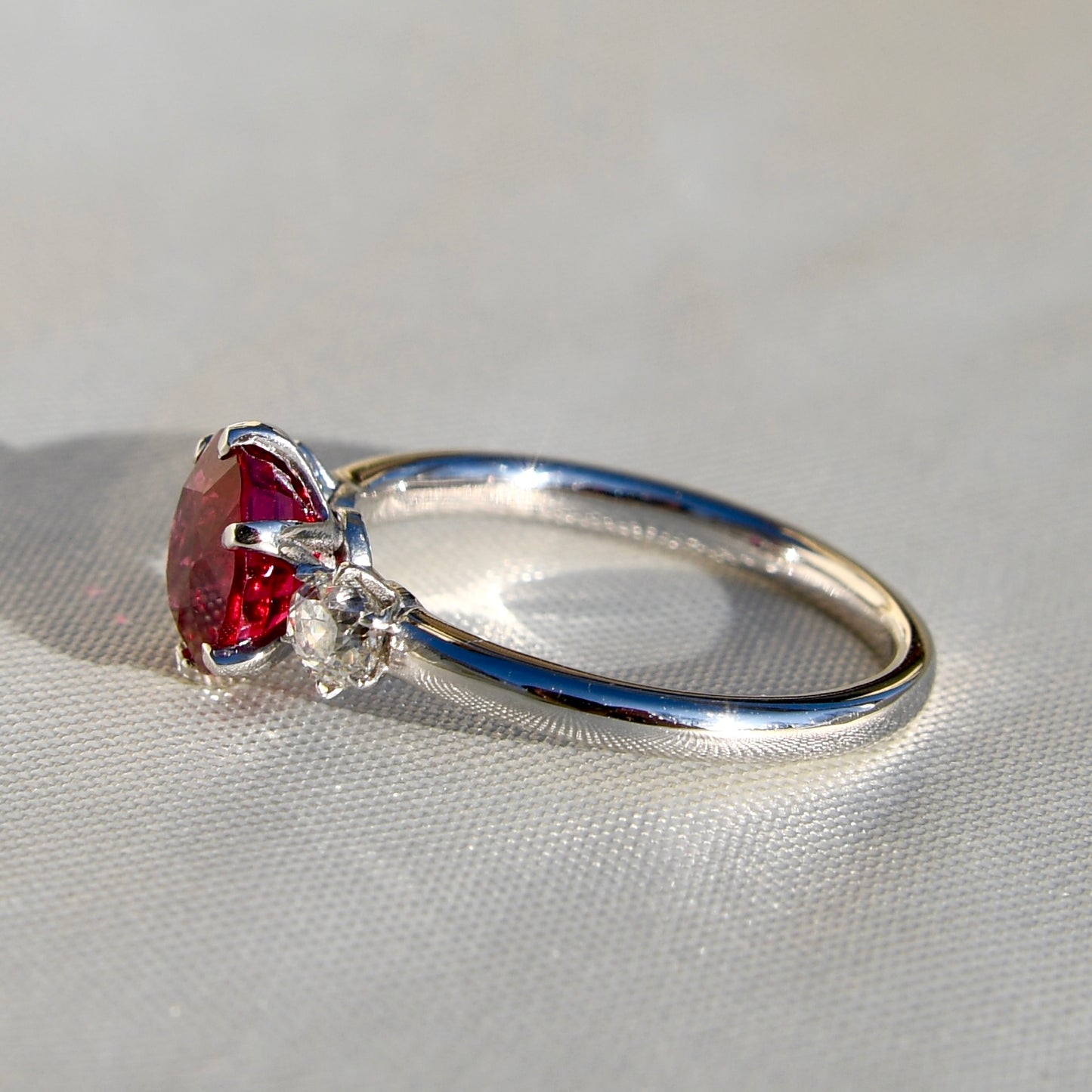 1.84 ct Burmese spinel and old mine cut diamond three stone ring