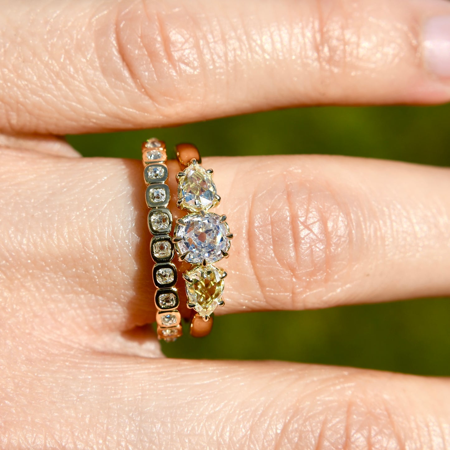 0.63 ct old mine and pear rose cut diamond three stone ring