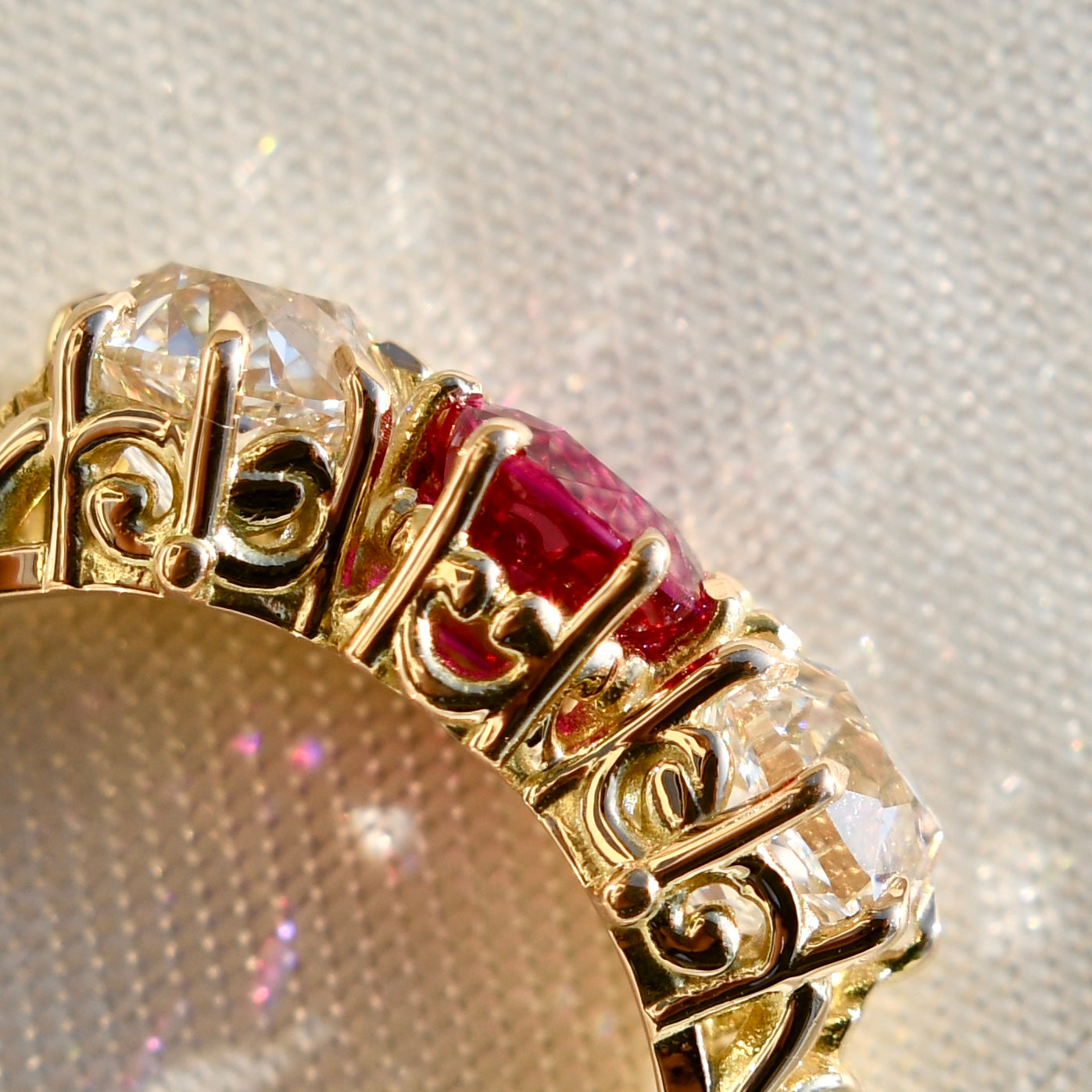 0.94 ct ruby and old mine cut diamond three stone ring