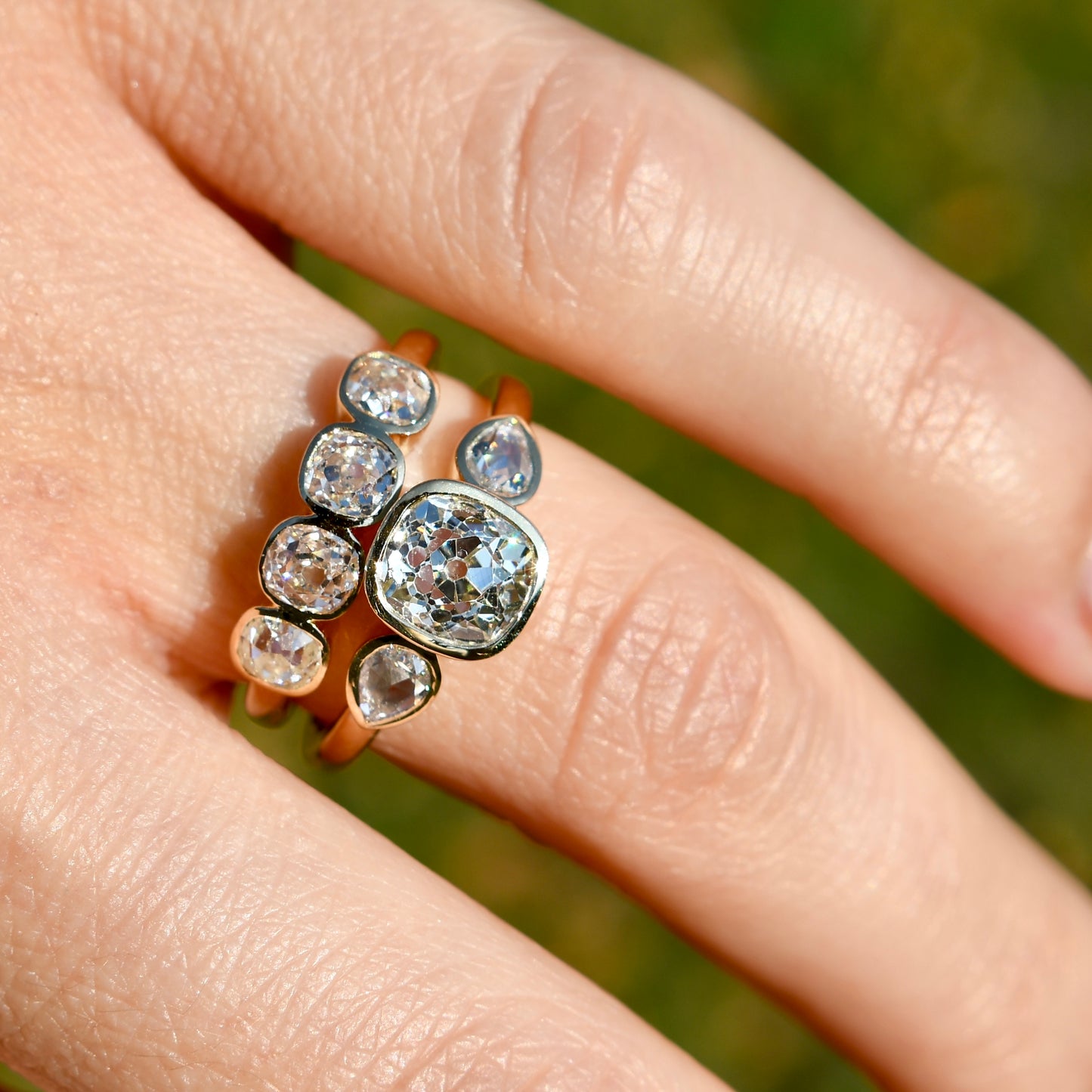 1.19 ct old mine and pear rose cut diamond three stone ring