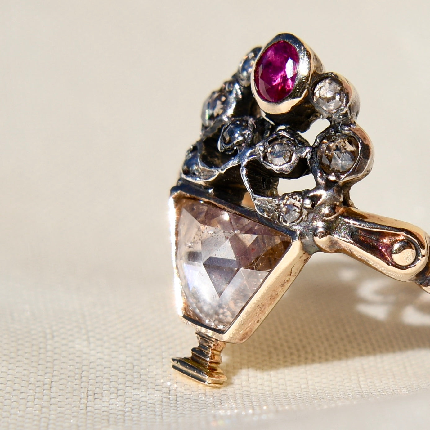 Rose cut diamond and ruby Giardinetti ring, circa 1760