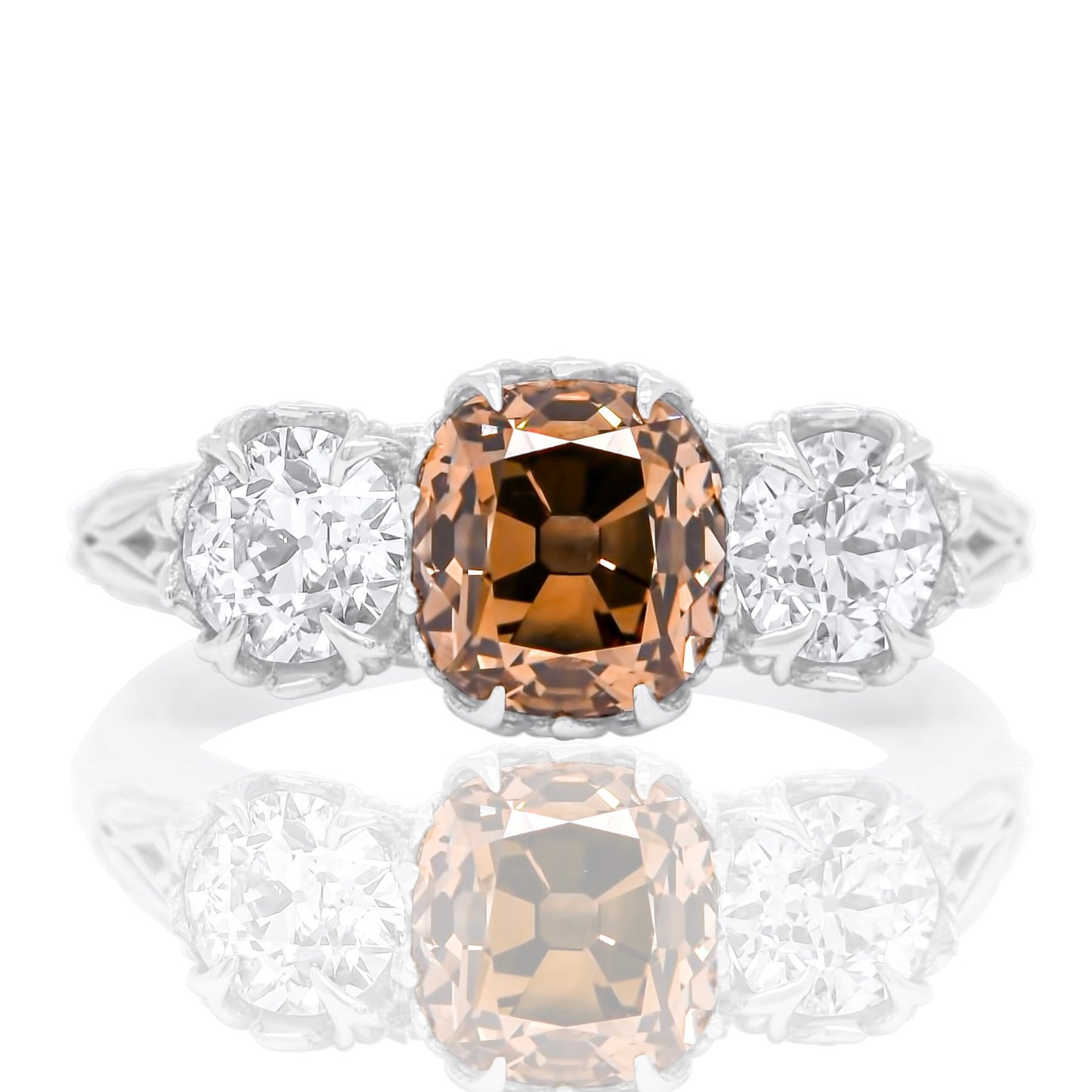 2.97 ct old mine and old European cut diamond tulip three stone ring