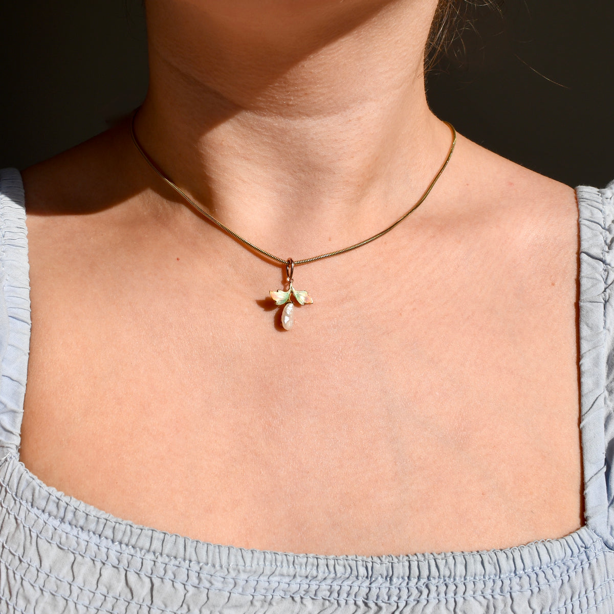 Art Nouveau freshwater pearl and enamel Gingko leaf pendant