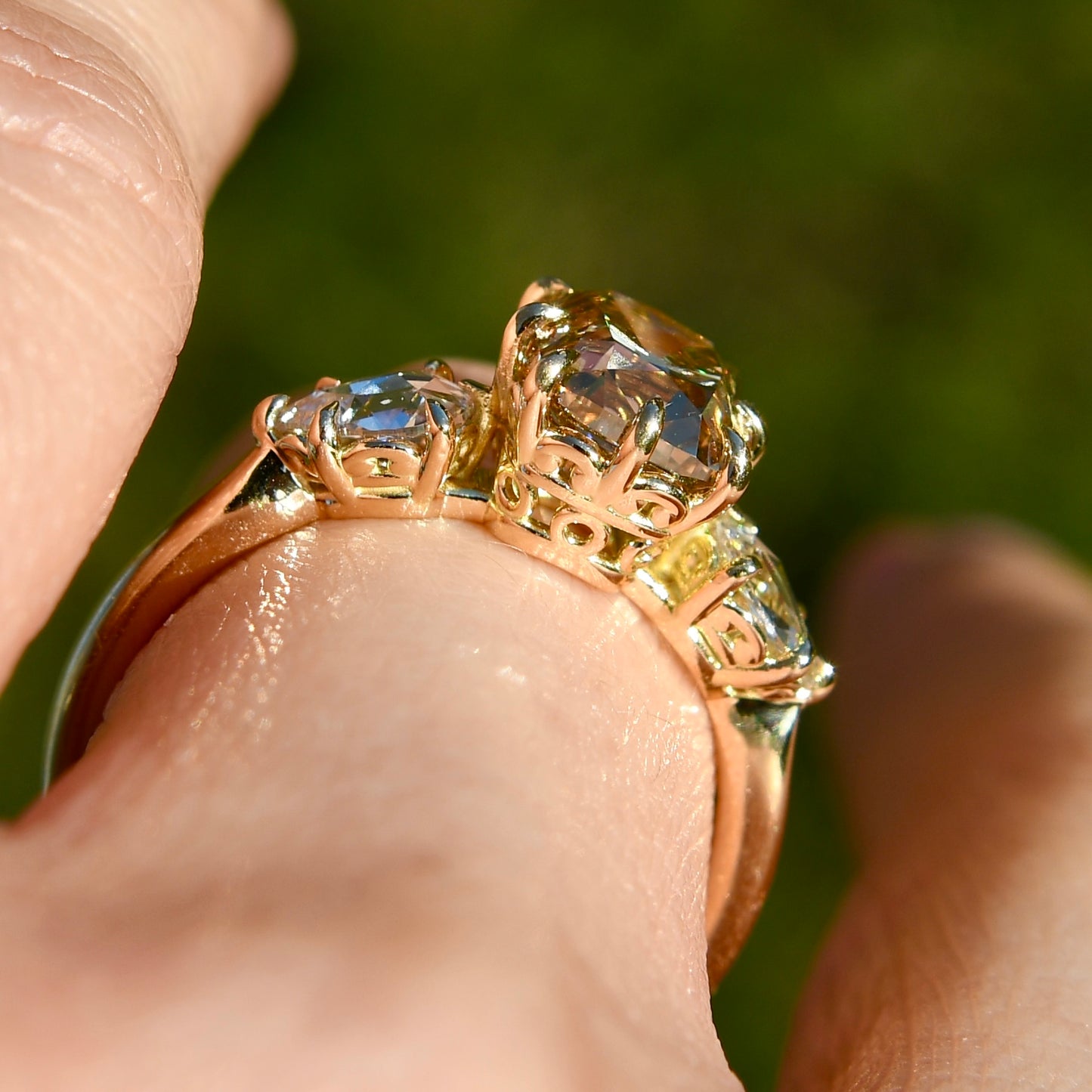 2.03 ct old mine and pear rose cut diamond three stone ring