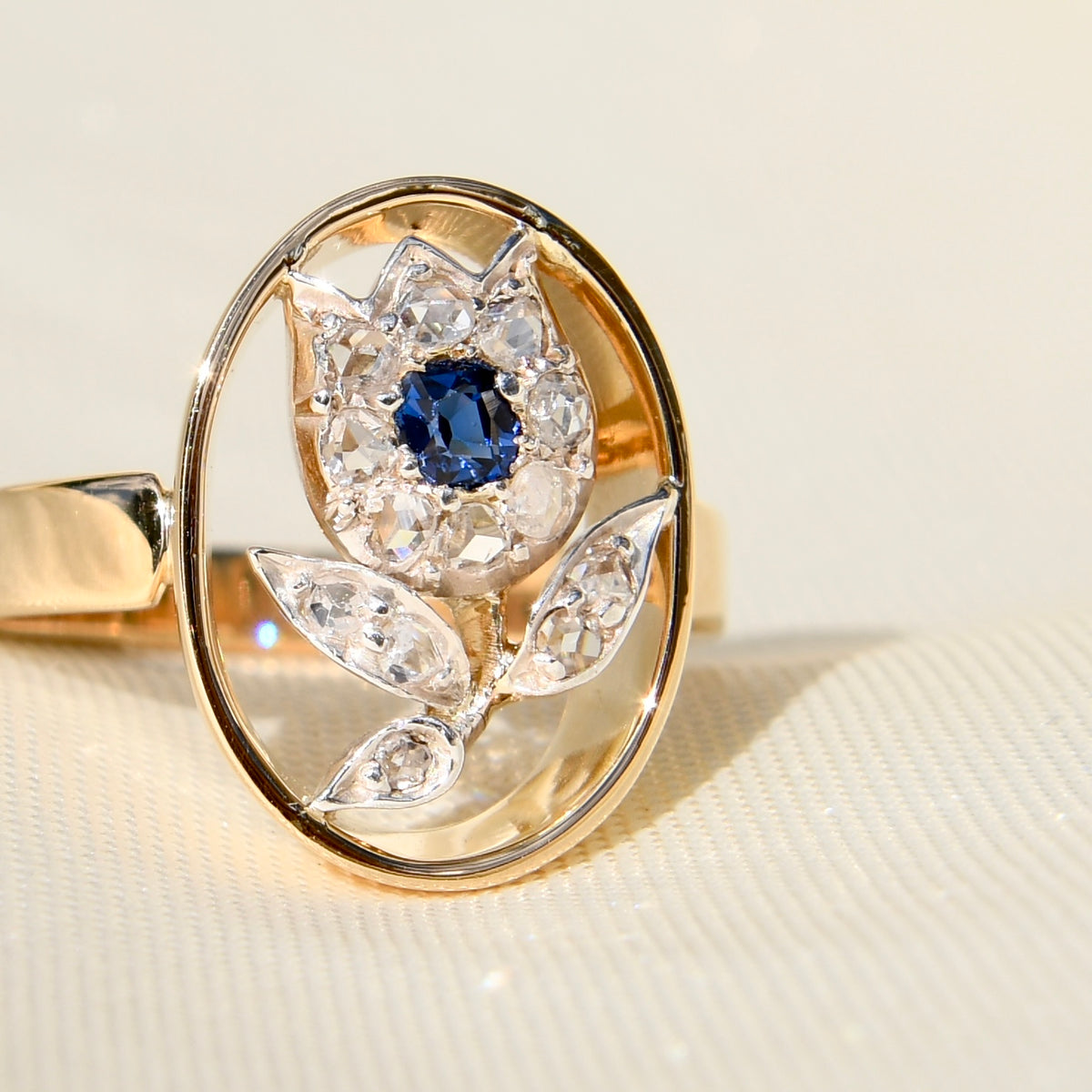 Sapphire and rose cut diamond tulip ring