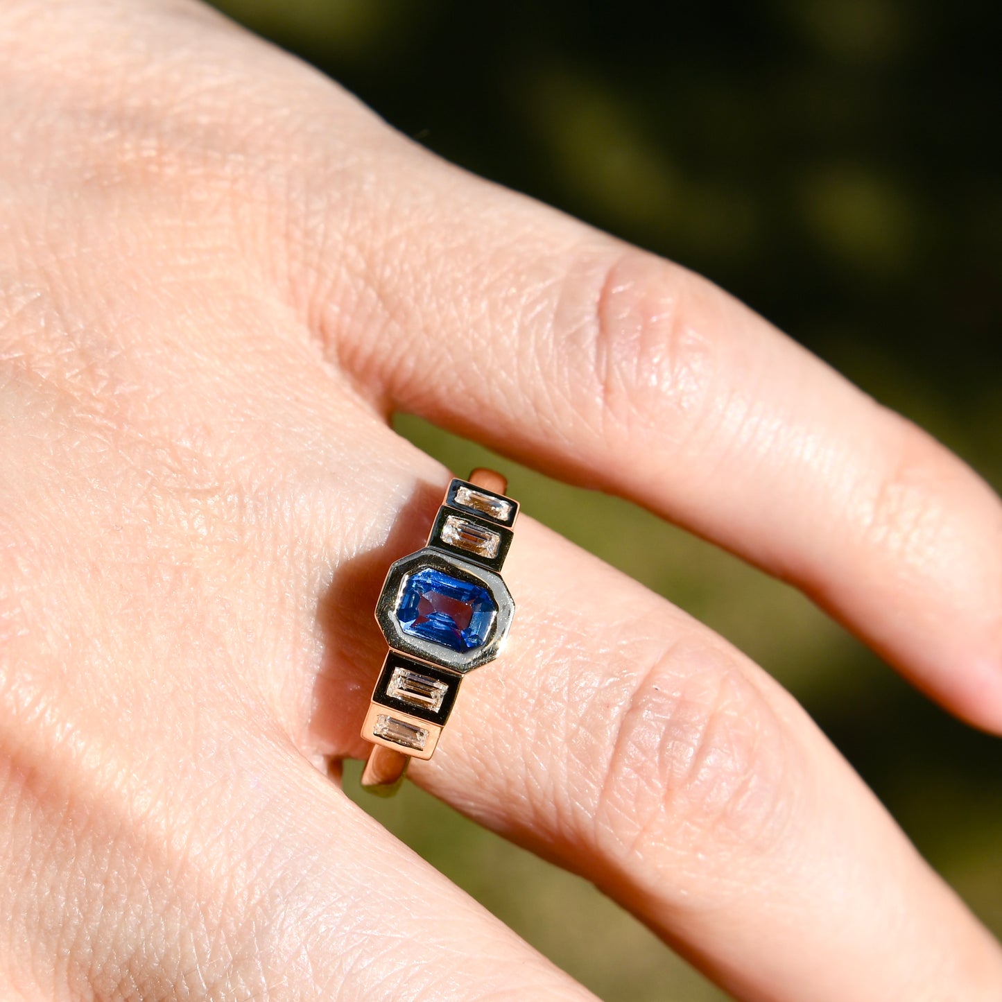 0.61 ct Ceylon sapphire and baguette cut diamond five stone ring