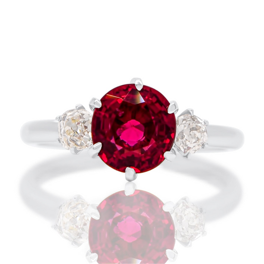 1.84 ct Burmese spinel and old mine cut diamond three stone ring