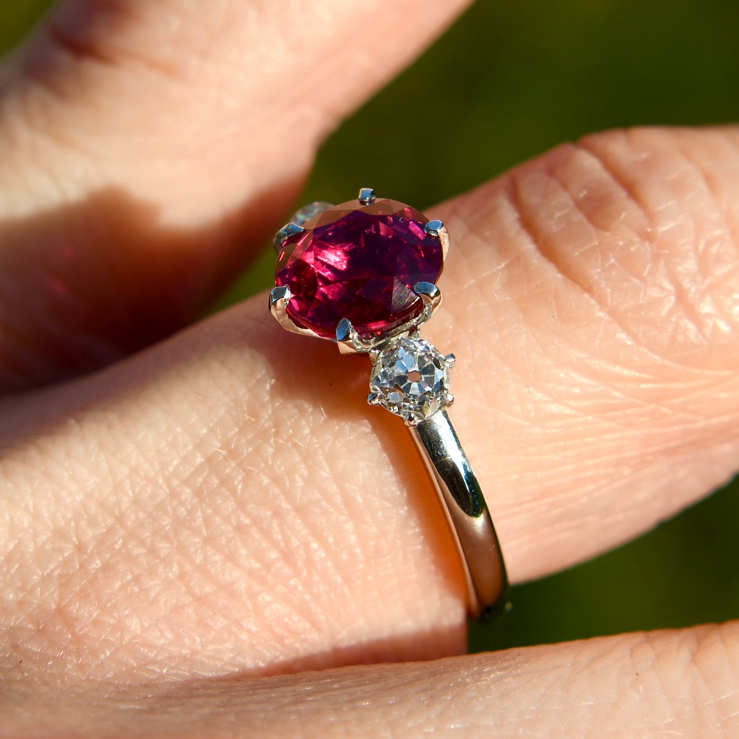 1.84 ct Burmese spinel and old mine cut diamond three stone ring