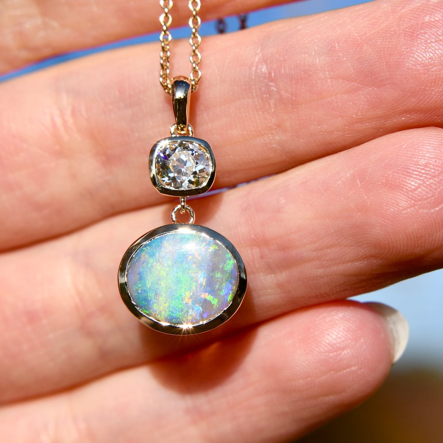 Installment 4/5 - Opal and old mine cut diamond pendant