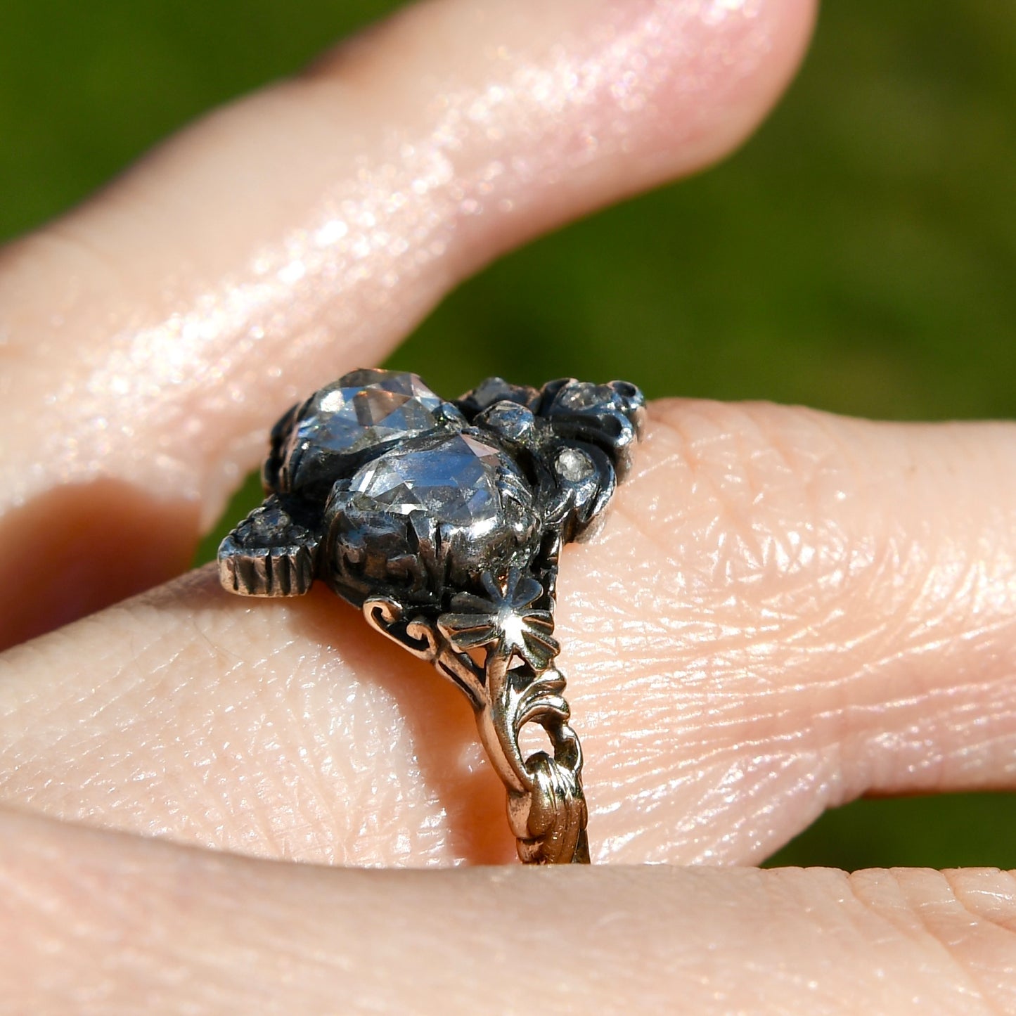 Antique Georgian rose cut diamond double heart ring, 18th century