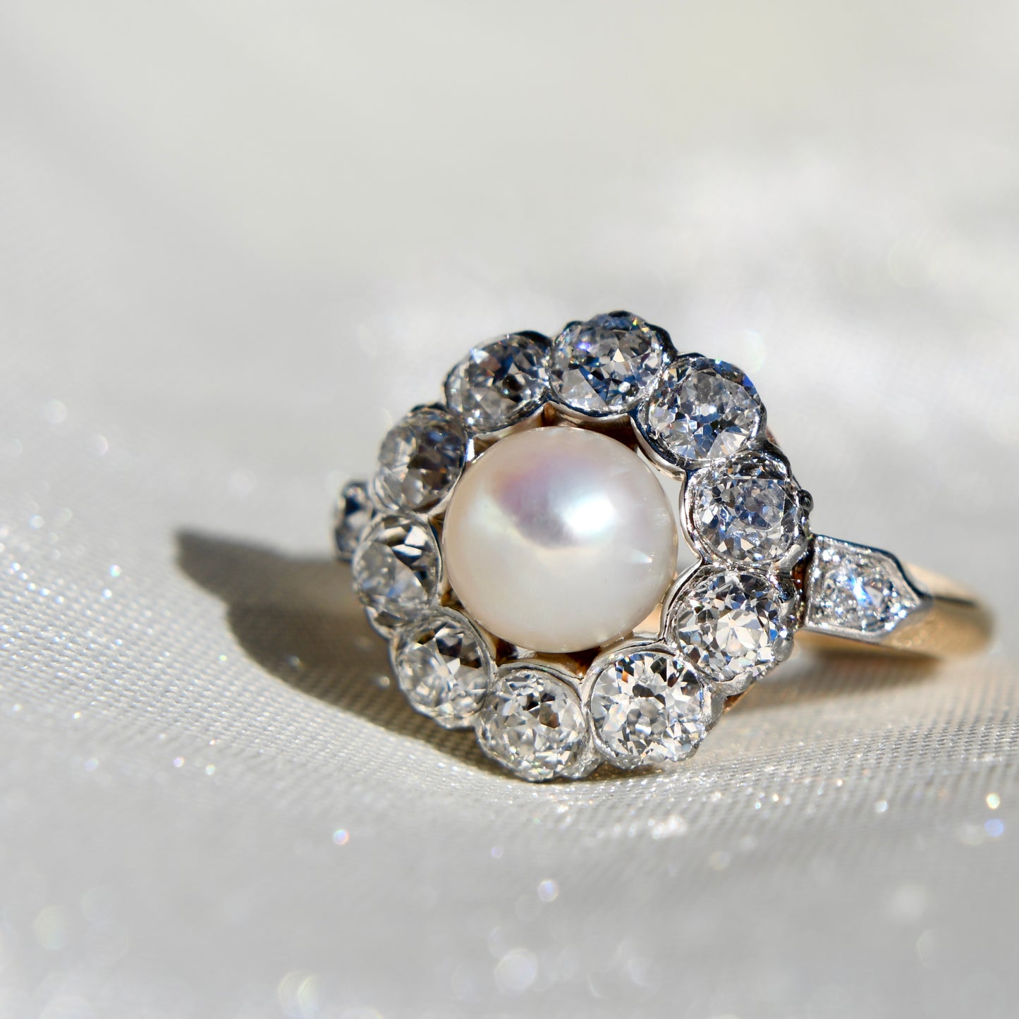 Antique Belle Époque natural pearl and 1.36 ct old European cut diamond daisy ring