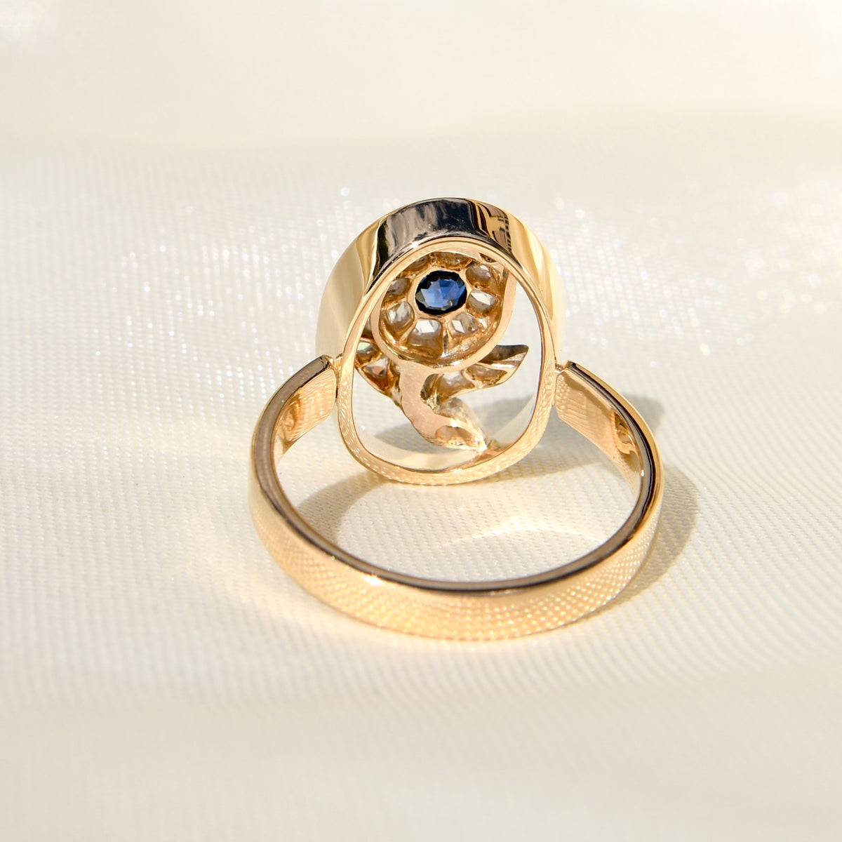 Sapphire and rose cut diamond tulip ring