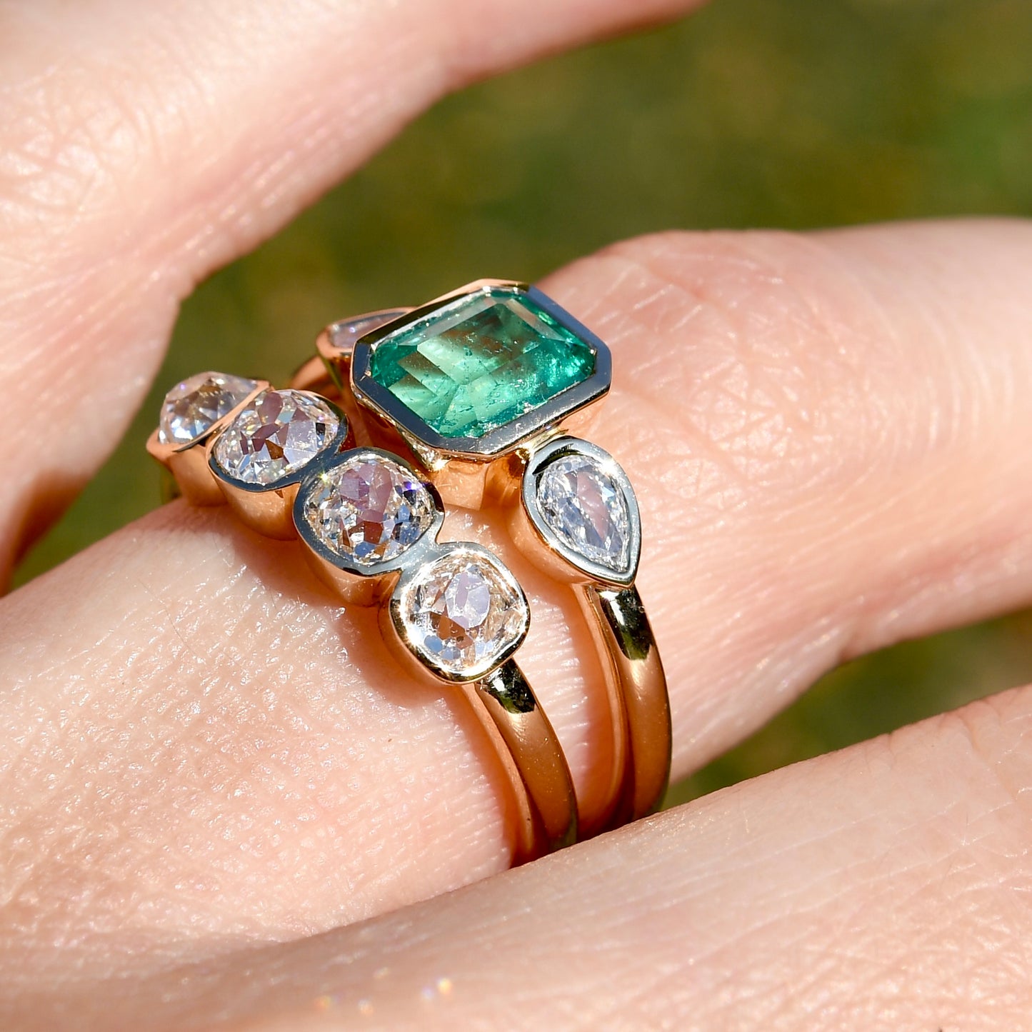0.91 ct Colombian emerald and pear rose cut diamond three stone ring