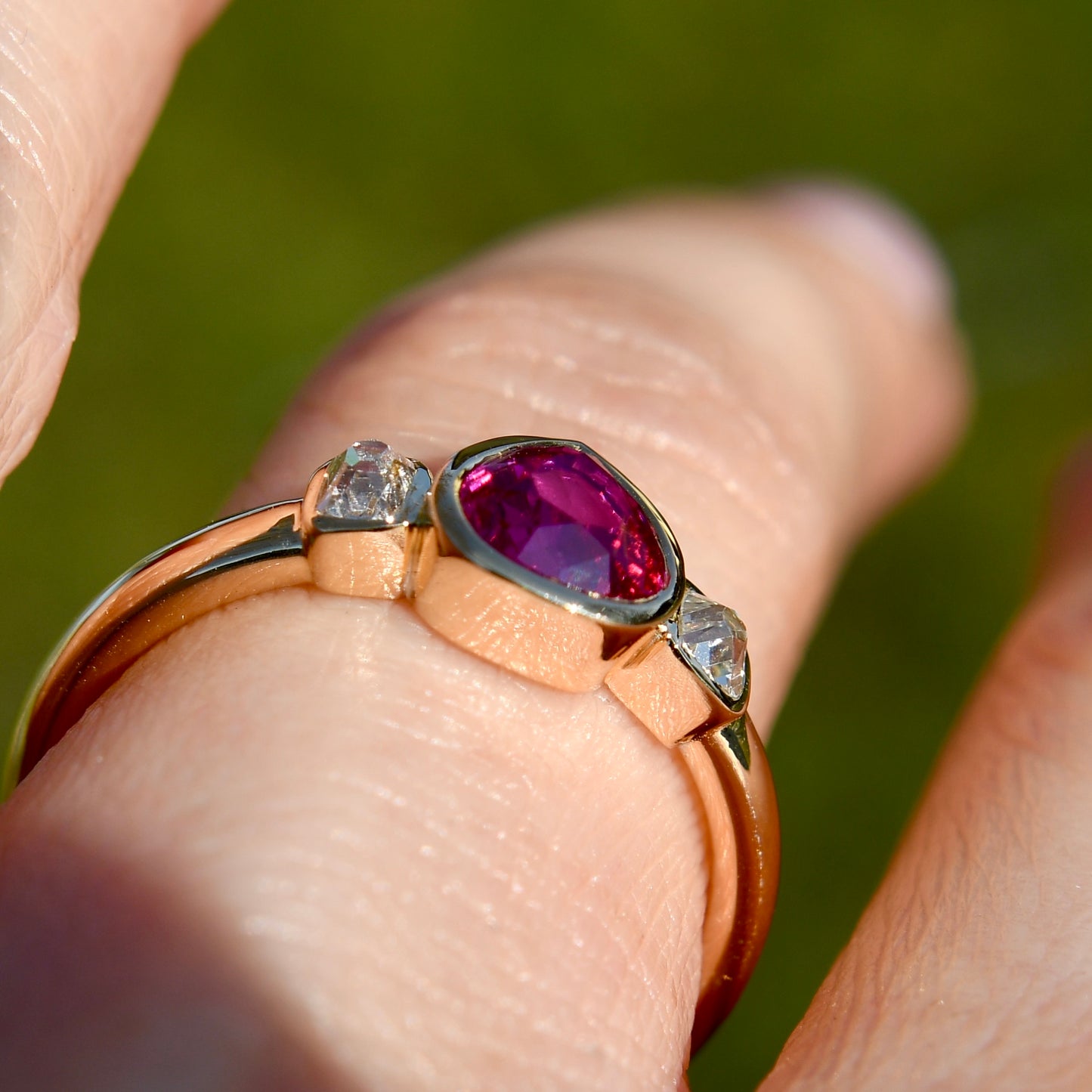1.01 ct ruby and peruzzi cut diamond three stone ring