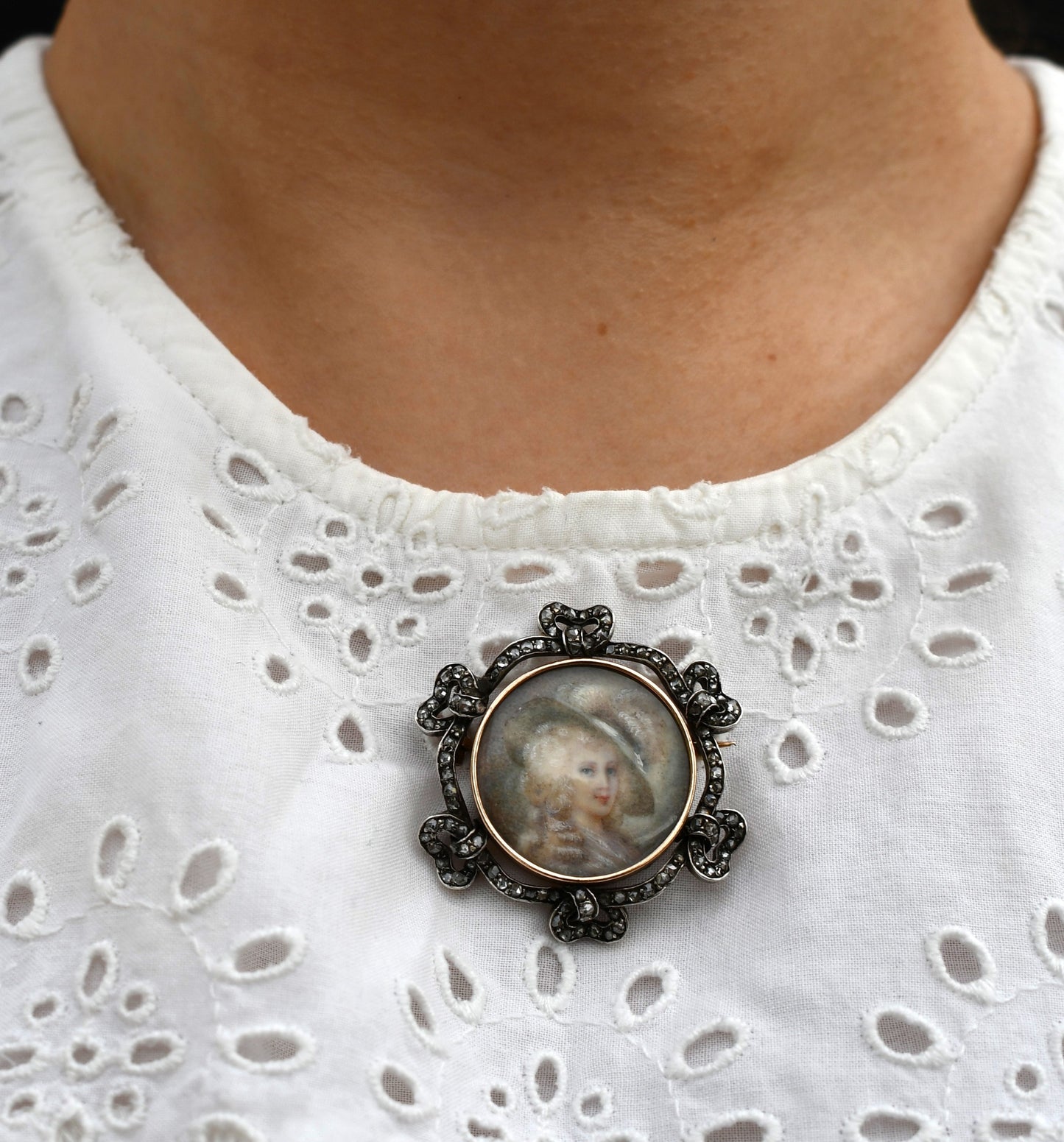 Antique rose cut diamond brooch with miniature portrait, circa 1790