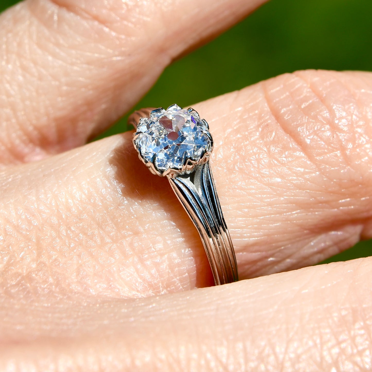 0.96 ct old mine cut diamond tulip solitaire ring