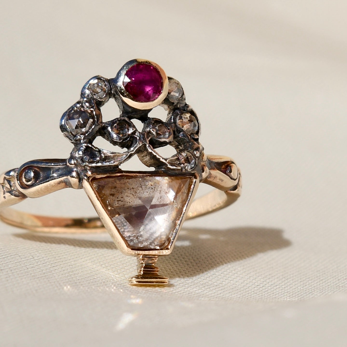 Rose cut diamond and ruby Giardinetti ring, circa 1760