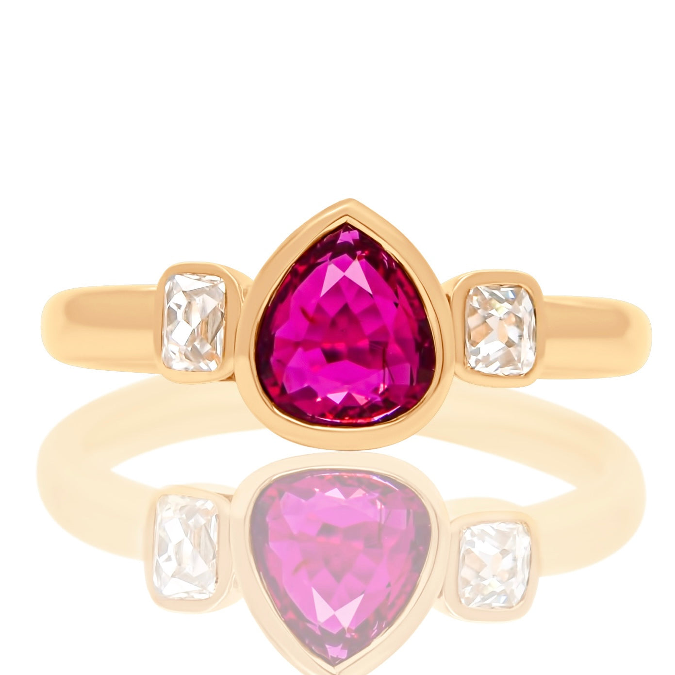 1.01 ct ruby and peruzzi cut diamond three stone ring