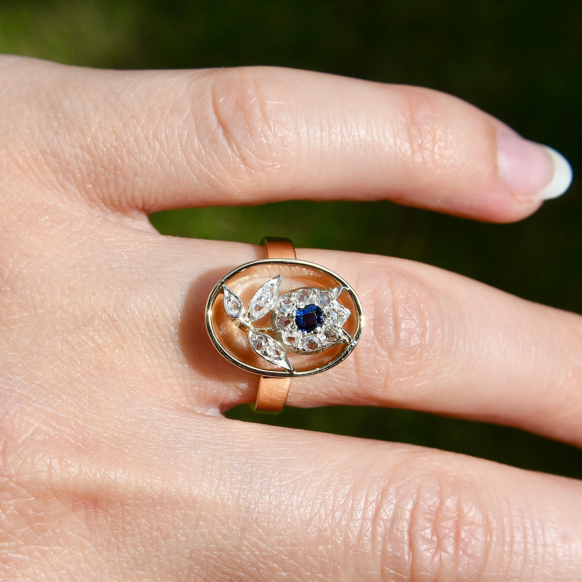 Sapphire and rose cut diamond tulip ring