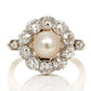 Antique Belle Époque natural pearl and 1.36 ct old European cut diamond daisy ring