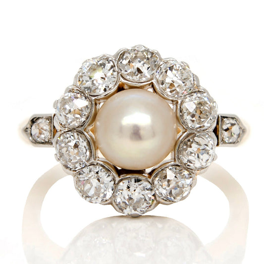 Antique Belle Époque natural pearl and 1.36 ct old European cut diamond daisy ring