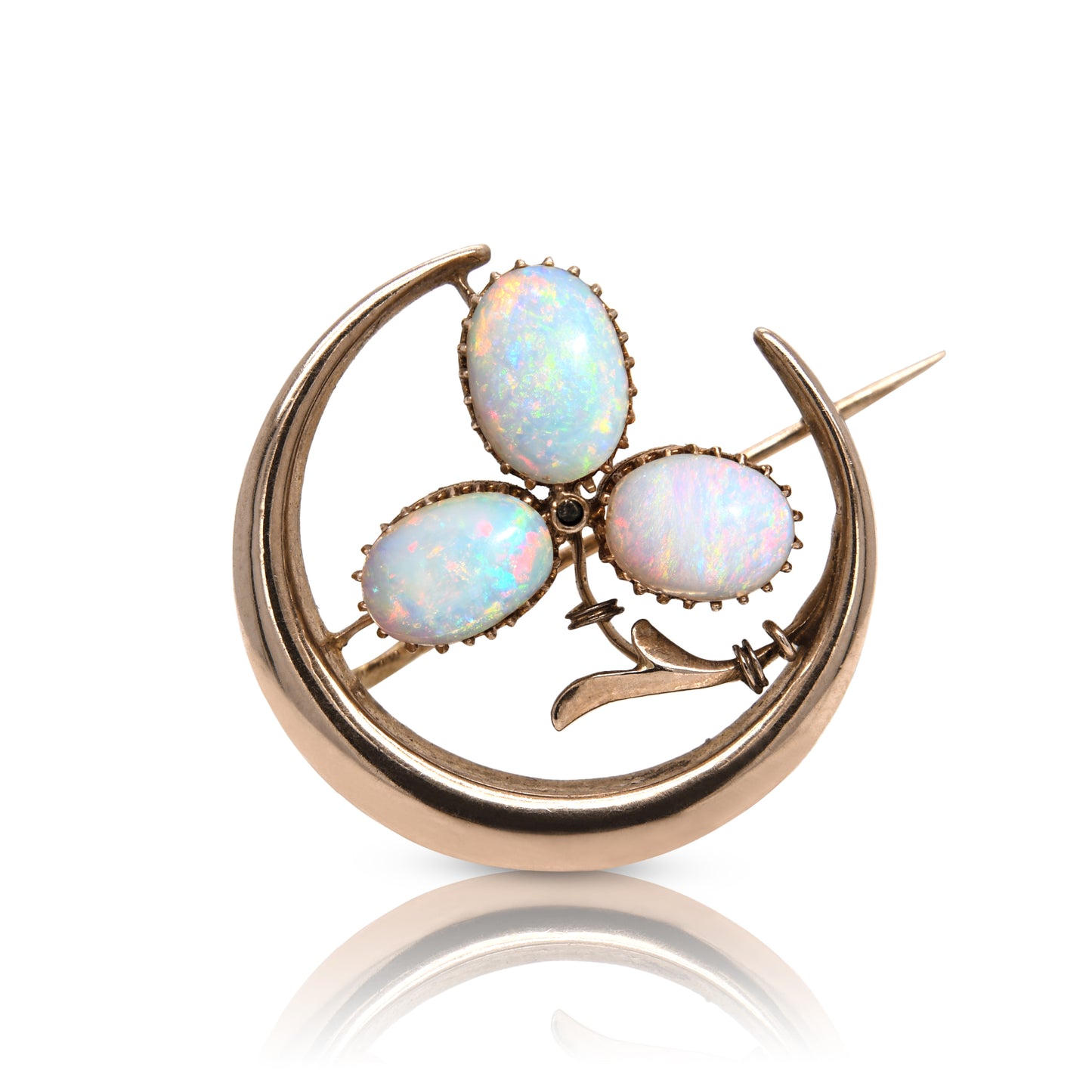 Antique opal cabochon shamrock and crescent moon brooch