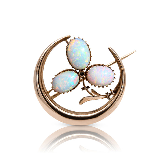 Antique opal cabochon shamrock and crescent moon brooch