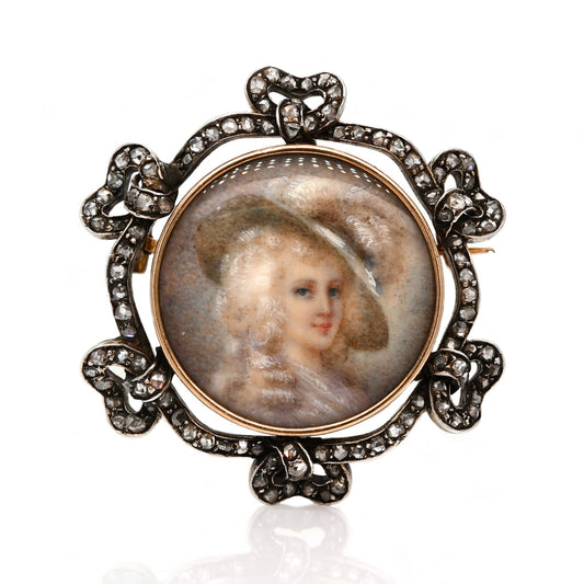 Antique rose cut diamond brooch with miniature portrait, circa 1790