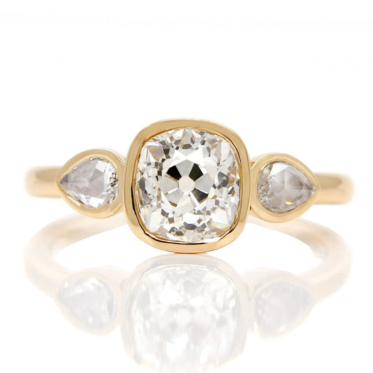 1.19 ct old mine and pear rose cut diamond three stone ring