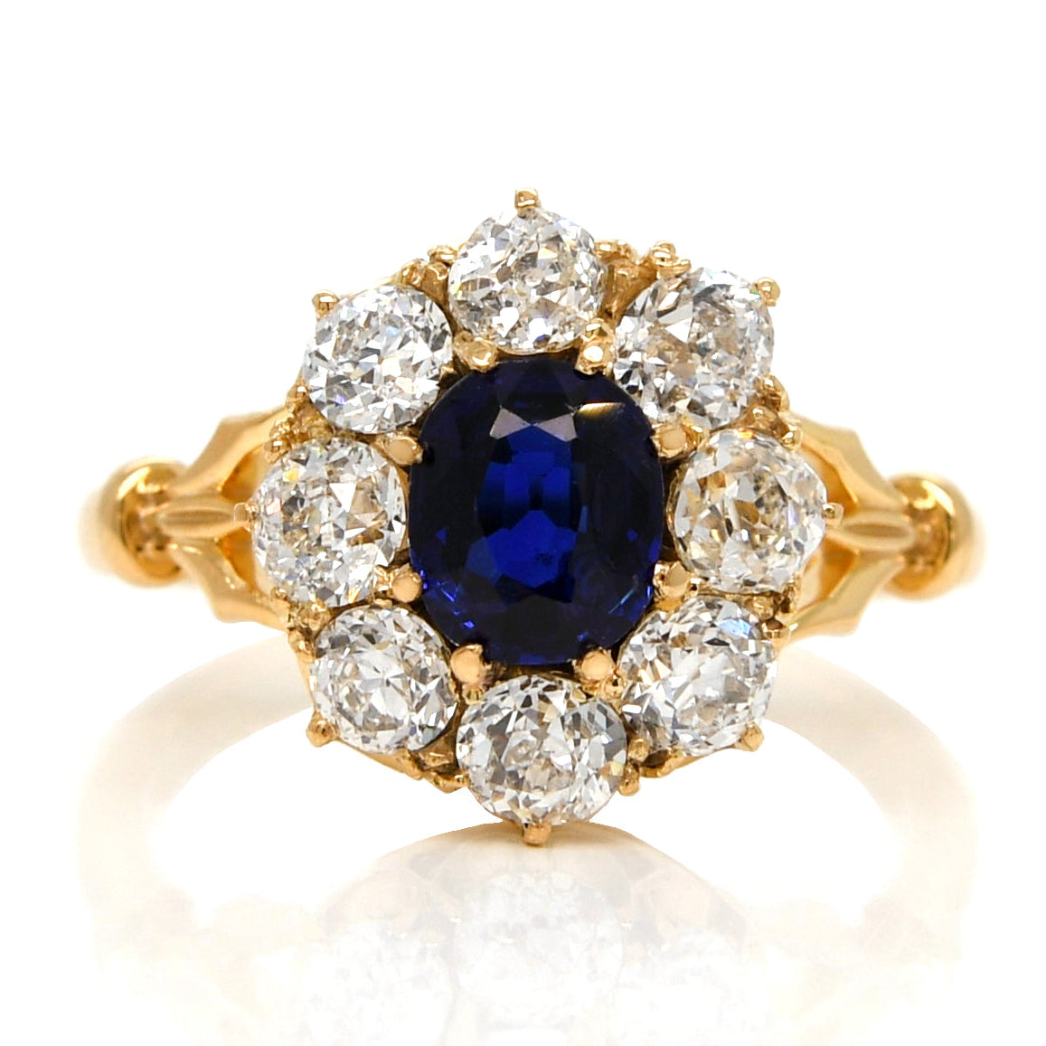 1.15 ct sapphire and old mine cut diamond cluster ring