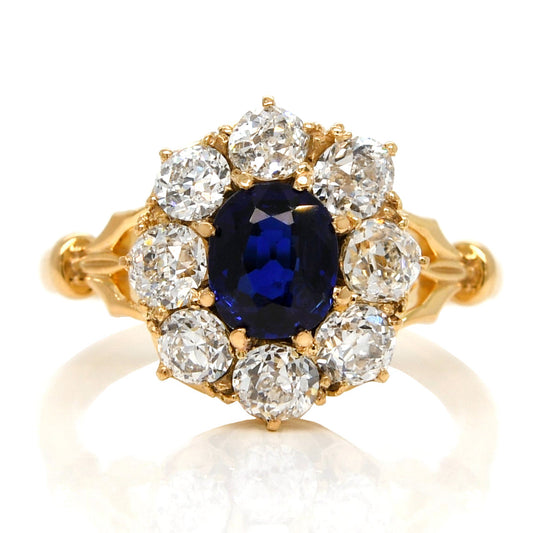 1.15 ct sapphire and old mine cut diamond cluster ring