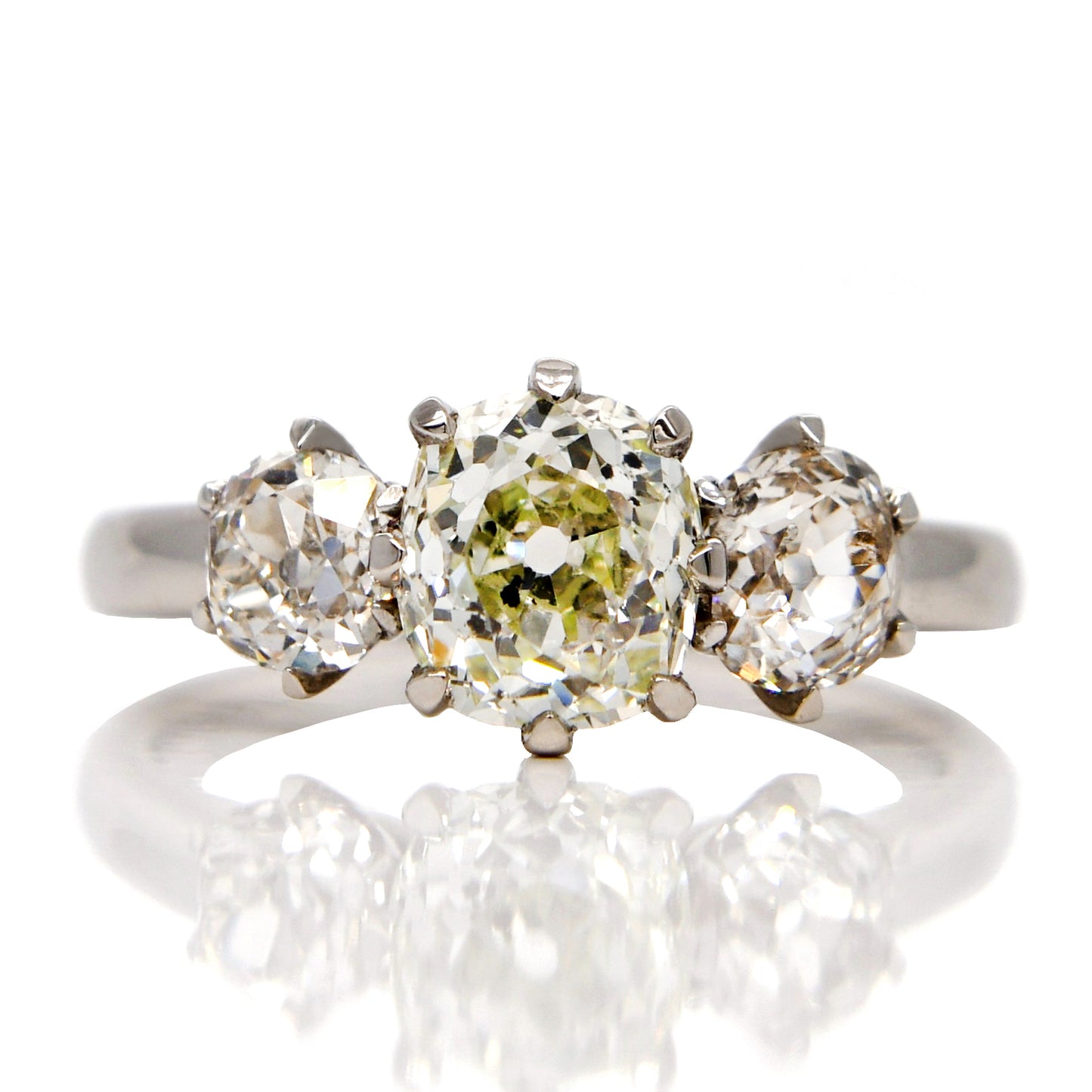 1.25 ct old mine cut diamond three stone ring