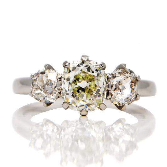 1.25 ct old mine cut diamond three stone ring