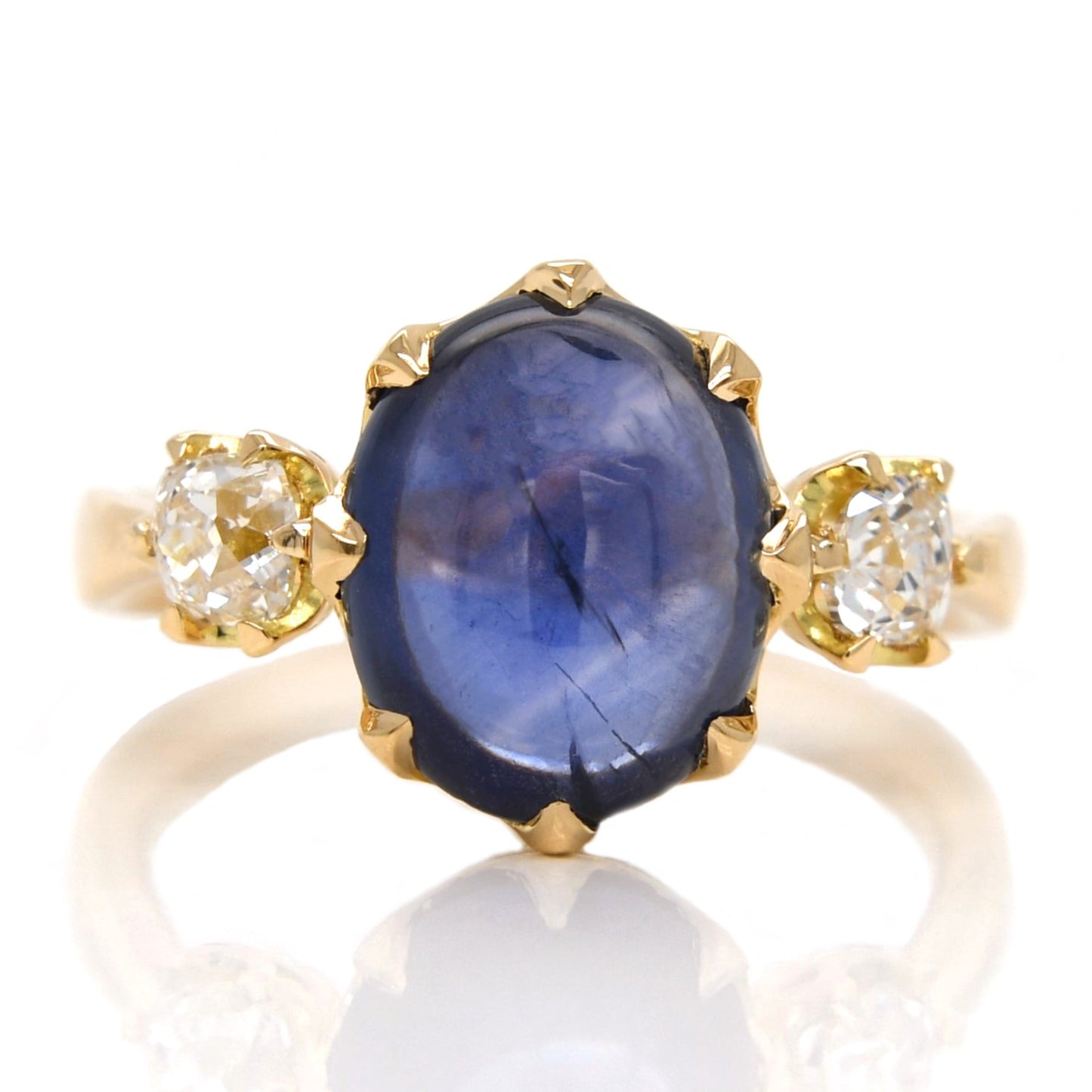 Installment 4/8 - 4.27 ct sapphire cabochon and old mine cut diamond three stone ring