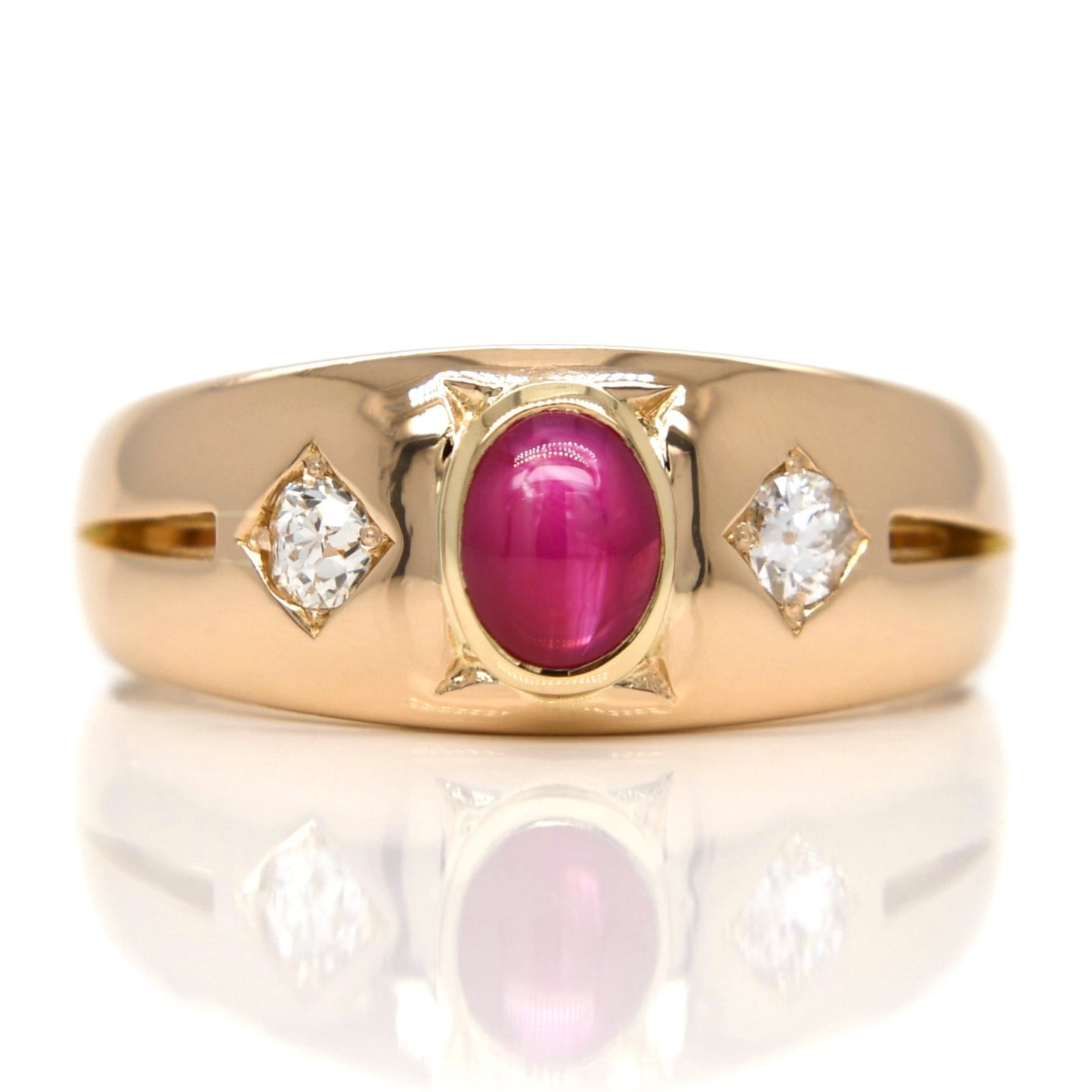 Installment 2/3 - Old mine cut diamond and ruby cabochon band ring